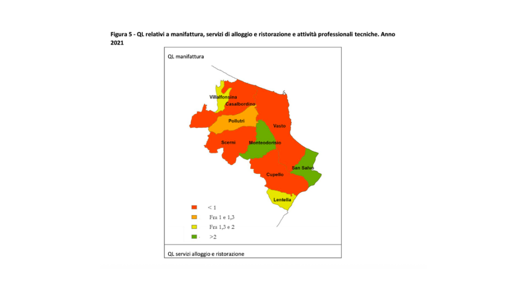 Figura 5 - QL relativi a manifattura, servizi di alloggio e ristorazione e attività professionali tecniche. Anno 2021